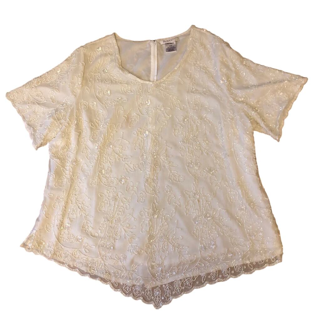 Roamans silk beaded top  scalloped short sleeves and hem size 24 W